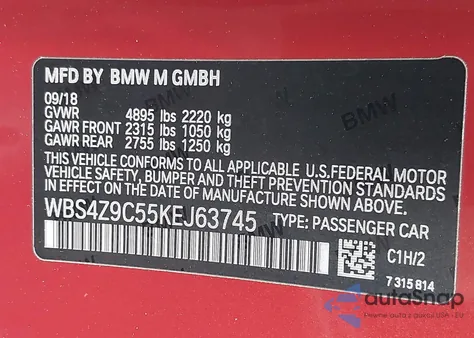 2019 BMW M4 from USA, damaged, VIN WBS4Z9C55KEJ63745